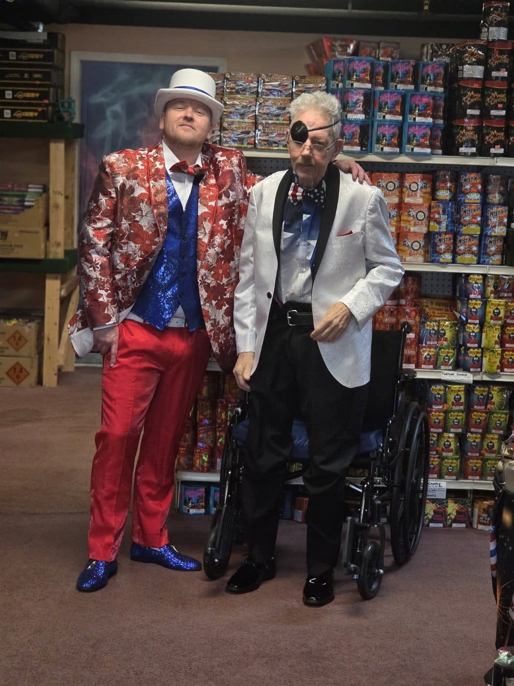 Willy and his dad dressed up at Willy's Works Fireworks